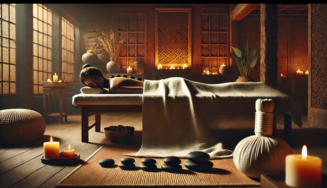 Massage aux pierres chaudes, ambiance automnale cocooning