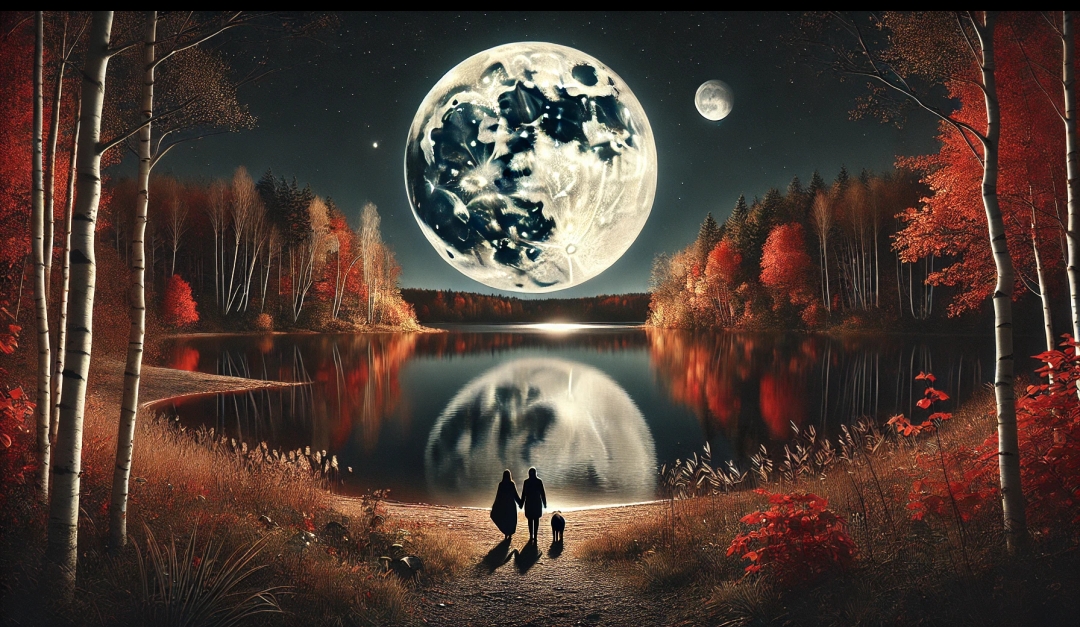 Clair de lune d’automne, ciel étoilé et forêt sombre