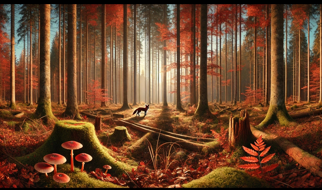 Forêt automnale avec un renard, ambiance calme et lumineuse